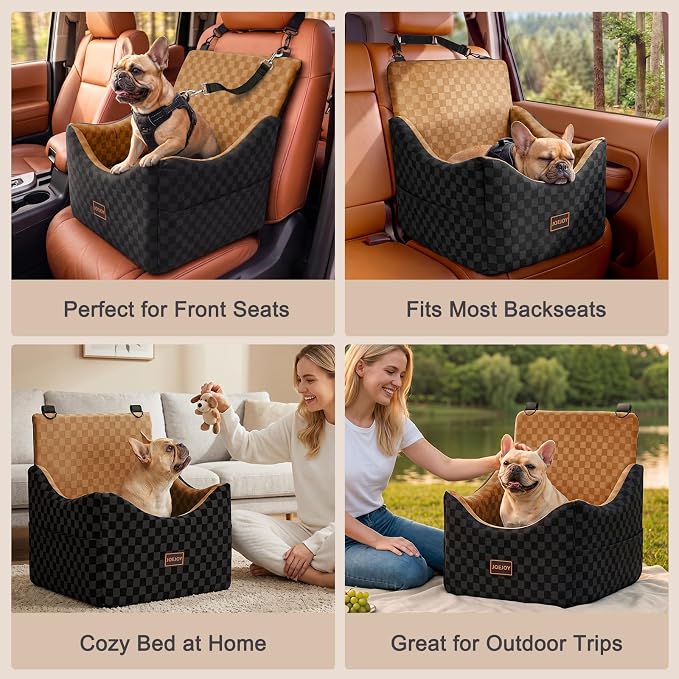 Elevated Dog Car Seat for Small/Medium Dogs up to 35 lbs, Memory Foam Booster Seat with Detachable Washable Cover, Travel-Safe Car Bed with Safety Belts & Storage Pockets, Brown