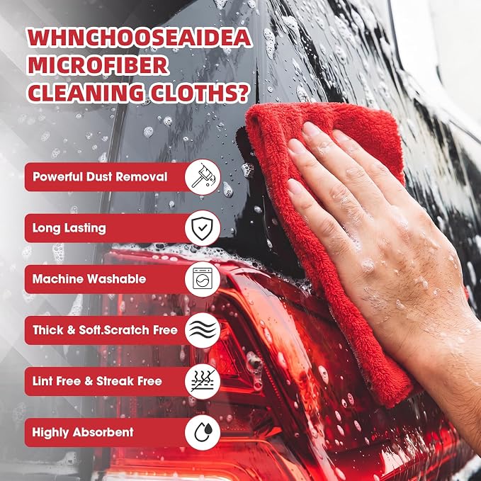30 Pcs 12.5 × 12.5 Inch Edgeless Microfiber Plush Towels for Cars Detailing Drying Wash Polishing Absorbent Cleaning Cloths, 500 GSM (Red)