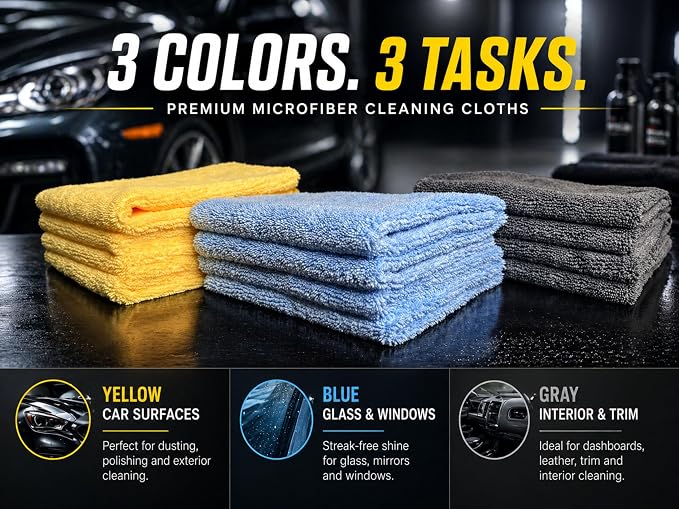 Premium Microfiber Towel for Cars 12 Pack, 400GSM, Quick-Dry, Scratch-Free, High and Low Pile Surface, Gray, Yellow, Blue,16 x 16 Inches, for Car Detailing and Household Use