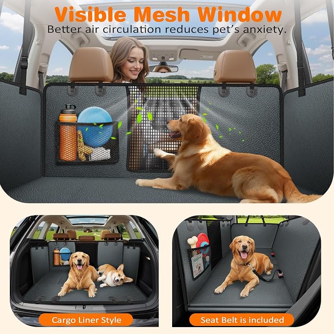 PU Leather Backseat Extender for Dogs, Hard Bottom Dog Car Seat Cover for Back Seat, Holds 400 LBS, Waterproof Dog Car Hammock Anti-Scratch Pet Rear Seat Protector Travel Bed for Car and SUV