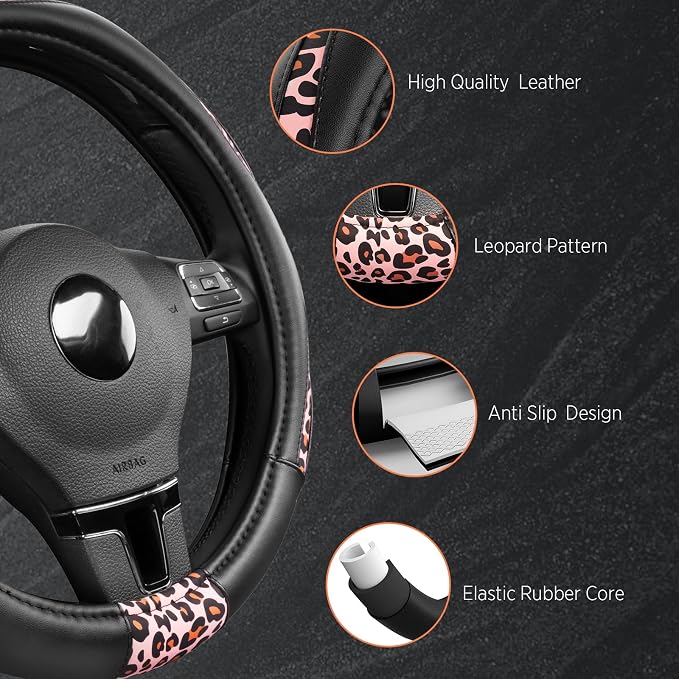 Steering Wheel Cover - Made with PVC Leather and Leopard Fabric - Universal 14 1/2 inches to 15 inches for Most Automotive Steering Wheel - Cheetah Print - Pink Leapord
