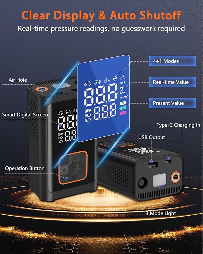 Tire Inflator Portable Air Compressor: 150PSI Cordless Air Pump with 4000mAh Battery, Digital Gauge Auto-Shutoff for Car Tires, Bike, Motorcycle, Balls, Pool Floats & Inflatables