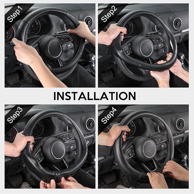 Car Steering Wheel Cover Small Size for Prius Civic Model 3 Model Y Camaro Rogue with 14-14 1/4 inches Outer Diameter, Black Microfiber Leather