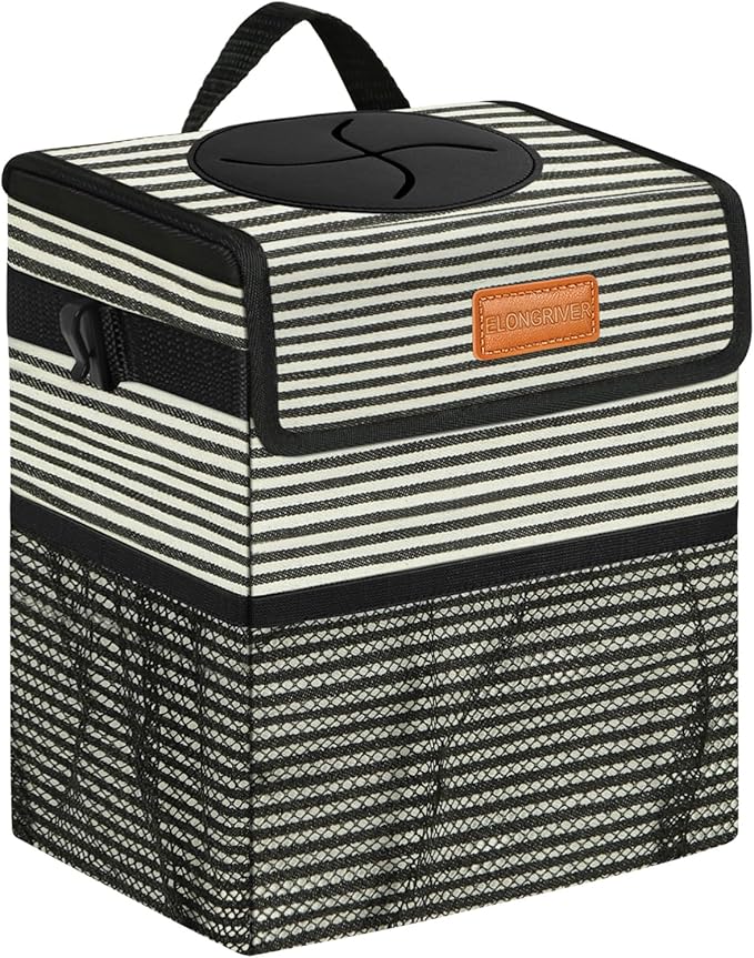 Car Trash Can for Car with Lid, Car Organizer Can Trash Bag Hanging Leak Proof Vehicle Trash Can (Stripe Print, 2 Gallons)