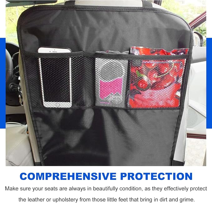 2 PCS Kick Mat Back Seat Protector, Waterproof Auto Seat Back Protective Cover with 2 Mesh Pockets, Large Backseat Kick Mat Protector Storage Organizer for Most Cars