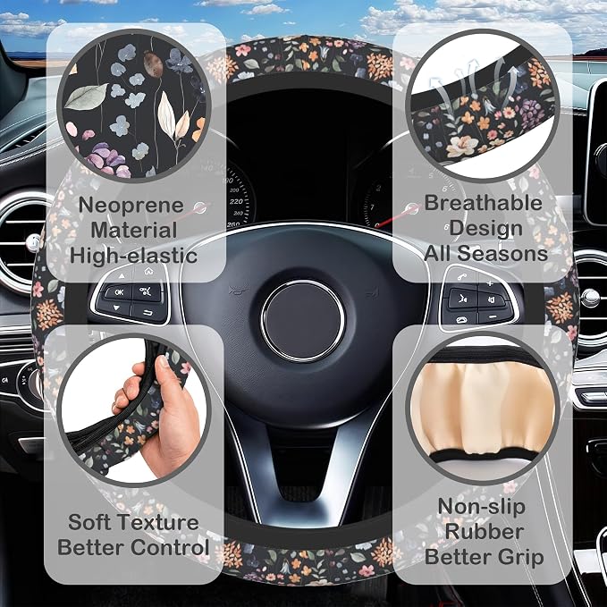 Colorful Wildflower Steering Wheel Cover with 2 Pcs Car Coasters Neoprene Steering Wheel Cover for Women Men Anti-Slip Breathable Car Accessories Universal 15 Inch Fit Auto Cars Trucks