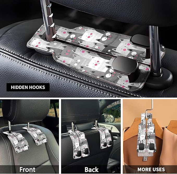 Car Seat Headrest Hook, Universal Leather Cute Hanger Holder Hook, Storage Organizer Interior Accessories for Purse Bags Handbag Funny Grey Cats
