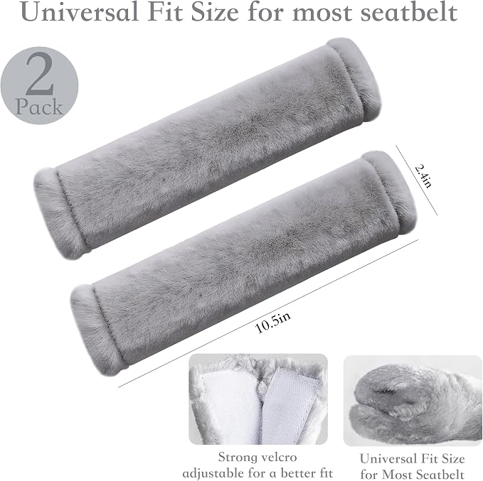 Soft Faux Fur Universal Fit Seatbelt Cover Car Truck SUV Airplane Seat Belt Shoulder Pad for Carmera Backpack Straps Neck Cushion Protector 2 Pack 10.5in Light Silver Grey