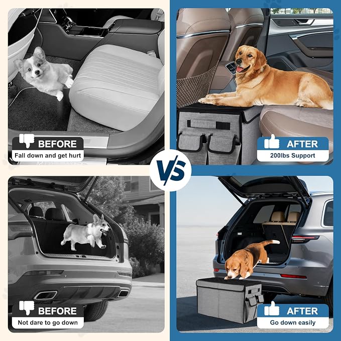 Back Front Seat Extender for Large Dogs Up to 200 Lbs, Adjustable Dog Back Seat Extender with Cushion & Storage Box, Car Organizer Gap Filler for Front or Back Seat,Gray