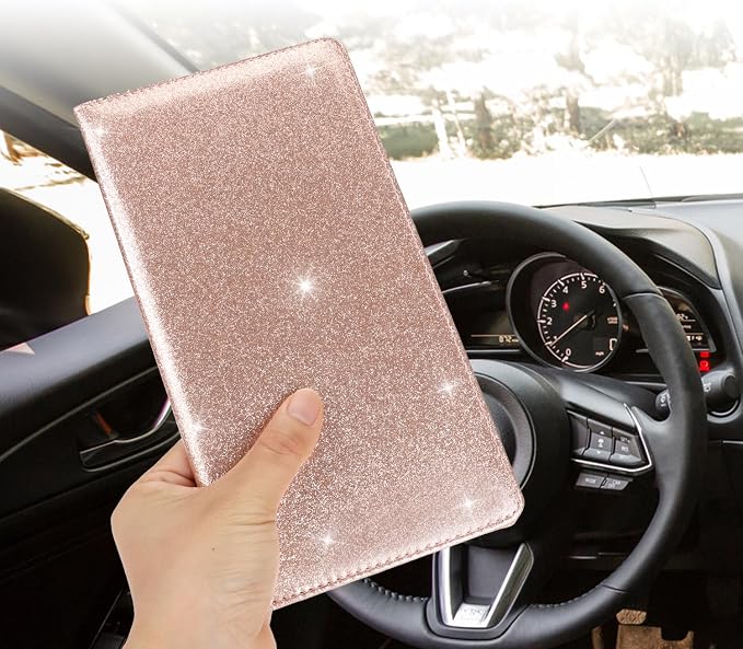 Car Registration and Insurance Holder, Car Accessories Vehicle Glove Box Car Organizer Men Women Wallet Case with Magnetic Shut for Cards, Essential Document, Driver License, Bling Rose Gold