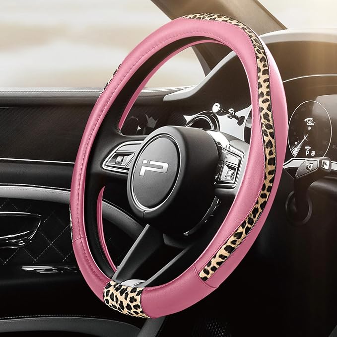 Steering Wheel Cover - Made with PVC Leather and Leopard Fabric - Universal 14 1/2 inches to 15 inches for Most Automotive Steering Wheel - Cheetah Print -Pink