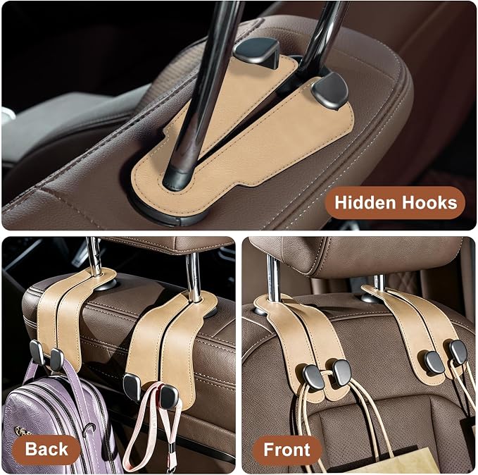 CoBak Extra Wide Car Seat Back Hooks, Premium Stitched Leather Headrest Hangers with Wide Slot Structure, Universal for Any-Width Purses, Handbags, Bags (2 Pack), Gold