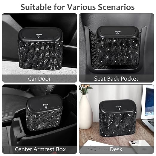 2 Pack Bling Car Trash Can with Lid, Small Garbage Can, Auto Garbage Storage Bin with 90pcs Garbage Bags, Sparkling Crystal Trash Bags Holder for Car, Home, Office Storage (Black Rhinestone)