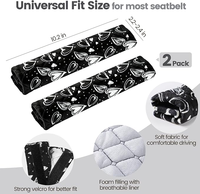 Soft Auto Seat Belt Cover Seatbelt Cushions Shoulder Pad 2 PCS for a More Comfortable Driving Compatible with All Cars and Backpack Cute Black Heart