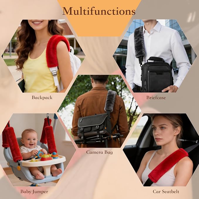 Soft Faux Fur Universal Fit Seatbelt Cover Car Truck SUV Airplane Seat Belt Shoulder Pad for Carmera Backpack Straps Neck Cushion Protector 2 Pack 10.5in Red