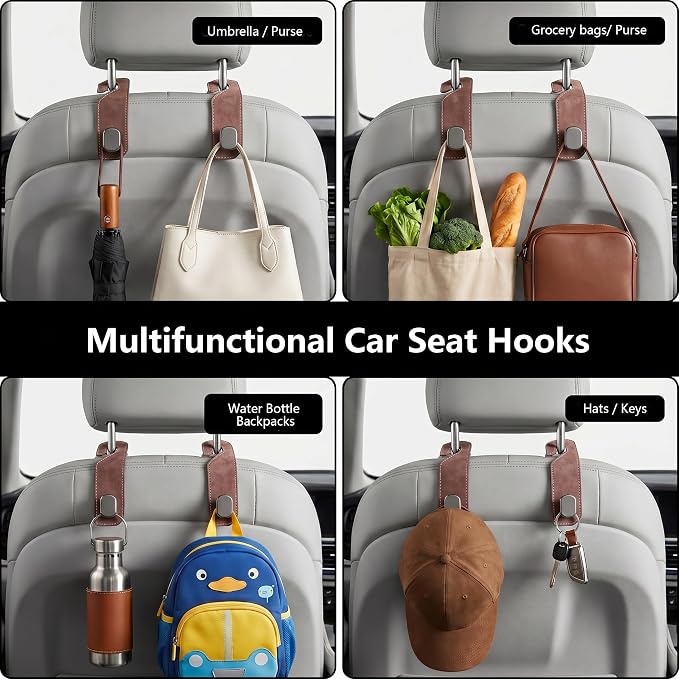 Purse Hook for Car Seat Headrest, Suede Car Purse Hook, Heavy Duty Car Hook Organizer for Handbags, Grocery Bags & Backpacks, Universal Car Hooks for SUV Truck Interior(Brown,2pcs)