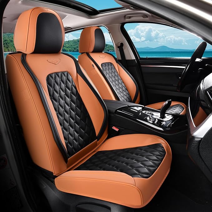 Coverado Universal Car Seat Covers Full Set, Vintage-Style Soft Waterproof Faux Leather Front & Rear Seat Protectors, Comfortable Anti-Stain Interior for Most Vehicles – BrownBlack