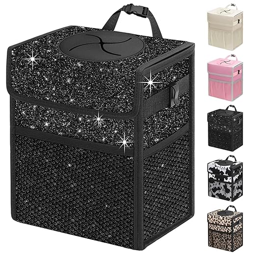 Car Trash Can with Lid, Leakproof Car Trash Bag Hanging Waterproof Automotive Garbage Can with Storage Pockets Mini Vehicle Trash Bin for Back/Front Seat(Sparkly Black,2.5 Gallon)
