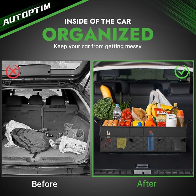 Car Trunk Organizer - 85L Collapsible Car Organizer with Non Slip Bottom & Multiple Pockets for Groceries, Trunk Storage with Base Panel for SUV Sedan Van, 3 Compartments (Black, X-Large)