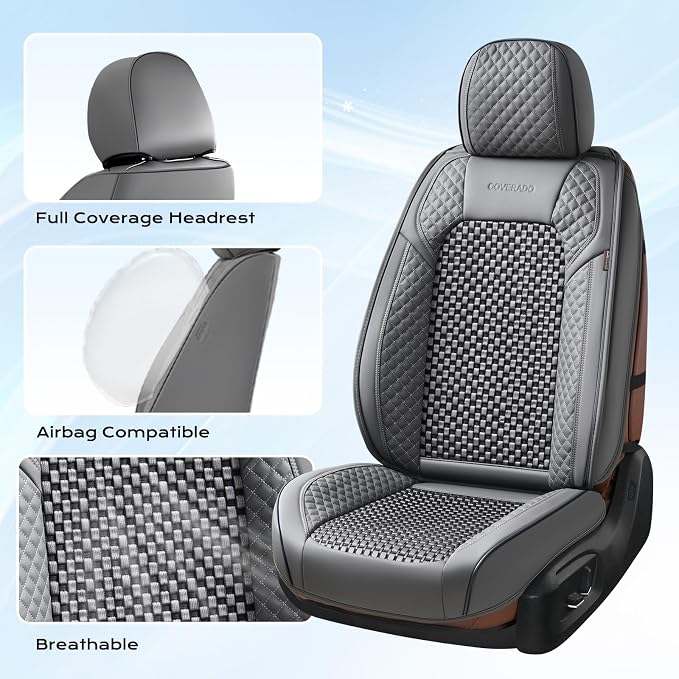 Coverado Seat Covers Full Set, 5 Seats Universal Seat Covers for Cars, Gray Car Seat Covers Front Seats Back Seat Cover, Breathable Car Seat Cushion, Leather Seat Cover Seat Protector Fit Most Cars