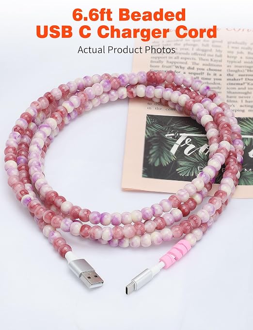 USB A to USB C Cable 6FT,Beaded Charger Cord for iPhone 17 16 Pro Max 17e 15 Car play,Cute Type C Car Charger Charging Cord for iPad 10 11th A16/Samsung S26 S25 S24/Android Phone Girls Women,PurpleRed