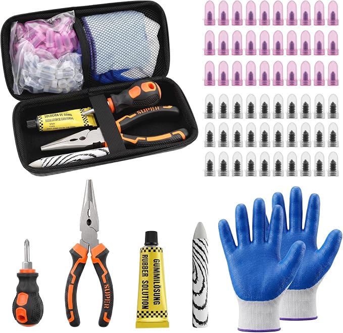 Tire Repair Screws Kit, 66pcs Tire Plug Kit, with Pliers, Screwdriver, Gloves, Glue and Storage Case, Emergency Flat Tire Puncture Repair, No Tire Removal Needed