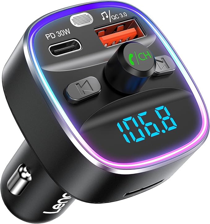 Bluetooth 5.4 FM Transmitter Car Adapter 48W [PD 30W & 18W] [7 Color Light] [Fast Charging] Wireless Radio Music Adapter Hands-Free Calling, Support USB Drive & TF Card