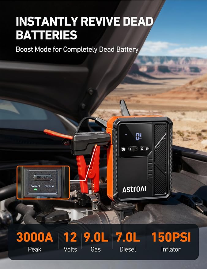 Beta822 3000A Jump Starter with Air Compressor, 150PSI Portable Tire Inflator with Auto-Shutoff, 12V Car Battery Booster (9.0 Gas/7.0L Diesel) with LED Light and Jumper Cables, Black