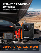 Beta822 3000A Jump Starter with Air Compressor, 150PSI Portable Tire Inflator with Auto-Shutoff, 12V Car Battery Booster (9.0 Gas/7.0L Diesel) with LED Light and Jumper Cables, Black