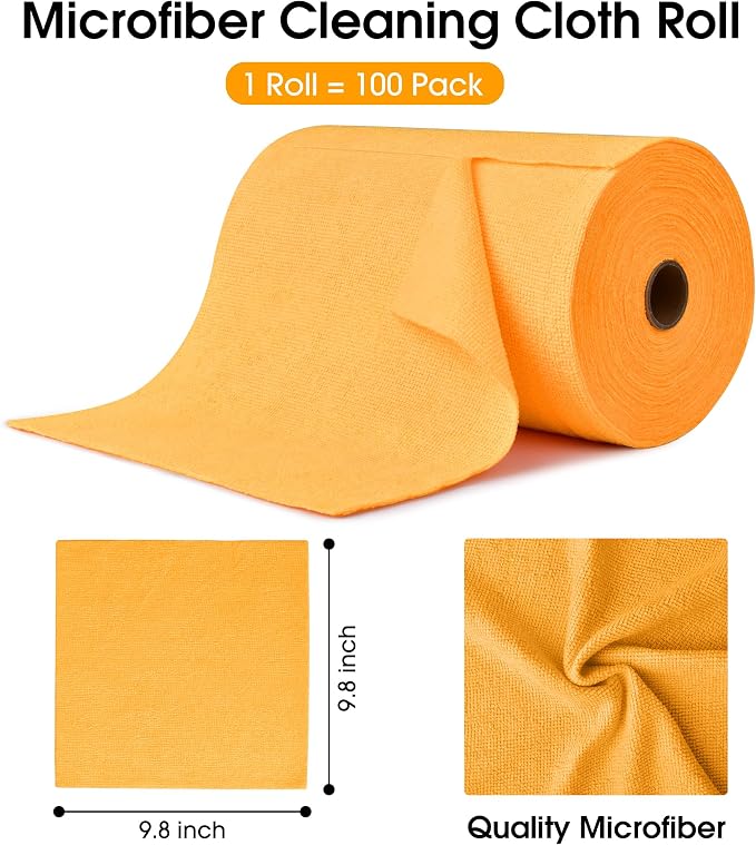 Microfiber Cleaning Cloth Roll–100 Pack, Tear Away Microfiber Towels, Reusable, Washable, Scratch-Free, Kitchen Towels for Car, Home, Kitchen, Glass, Dishes(Tangerine Yellow)