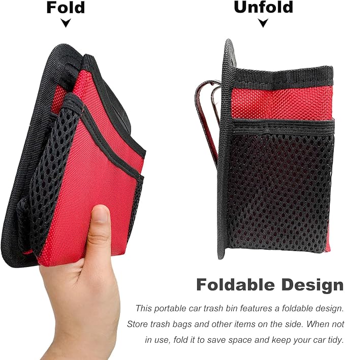 Car Trash Can, Foldable Multi-Pocket Design Auto Hanging Storage Container with Garbage Bags, Multifunctional Mini Oxford Storage Bag Garbage Holder for Cars SUVs Trucks (Red)