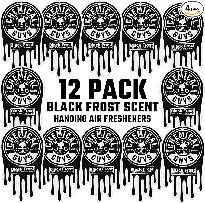 Car Fresheners, Hanging Air Freshener, Black Frost Scent 12 Pack, Great for Cars, Trucks, SUVs, RVs, Home, Garage, Workspace, Dorm Room & More (4 x 3 Packs)