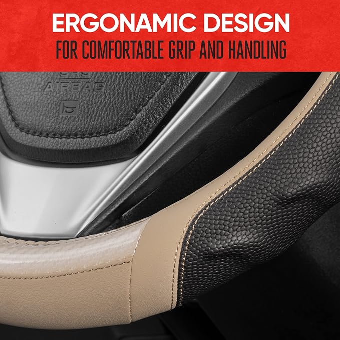 UltraSport Beige Carbon Fiber Steering Wheel Cover, Standard 15 inch Size, Black Faux Leather Comfort Grip, Car Steering Wheel Cover for Auto Truck Van SUV