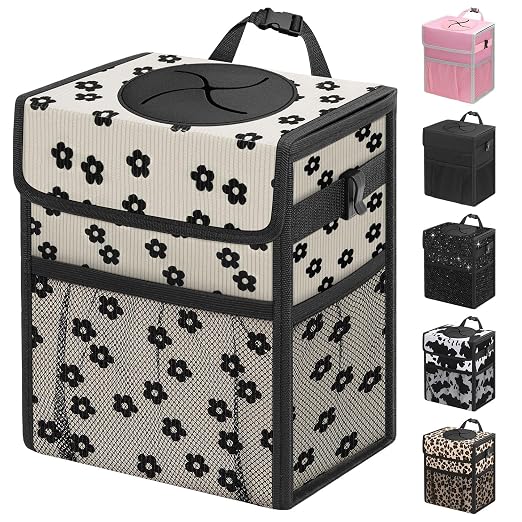 Car Trash Can with Lid, Leakproof Car Trash Bag Hanging Waterproof Automotive Garbage Can with Storage Pockets Mini Vehicle Trash Bin for Back/Front Seat(Black Flower,3 Gallon)
