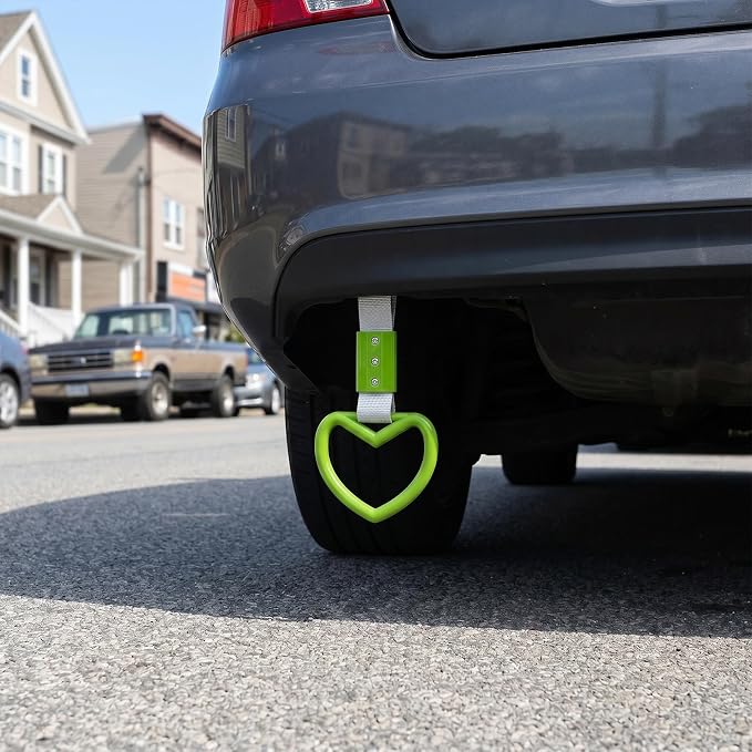 2 Pcs Heart Shaped Car Handle Strap – JD M Drift Charm Rear Bumper Warning Ring Decor for Car Interior Exterior, Subway Bus Handle Accessory, Cute Heart Car Decor Gift for Drivers (Green-Silver)
