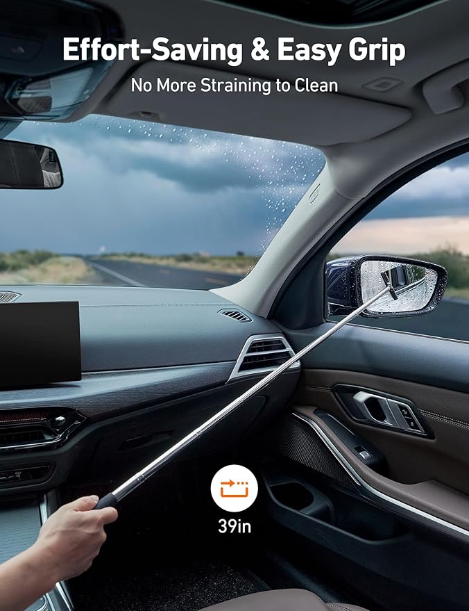 Car Windshield Cleaner Tool, Window Cleaning Kit with 39in Car Mirror Squeegee, 4 Reusable Microfiber Pads and Extendable Handle, Blue