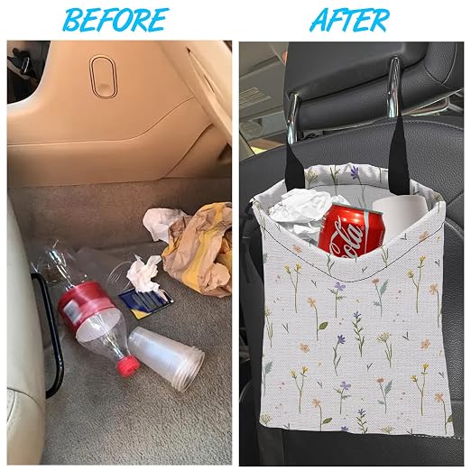 Car Trash Bag Wildflowers Car Garbage Bag Hanging Car Trash Can for Back Seat with Drawstring