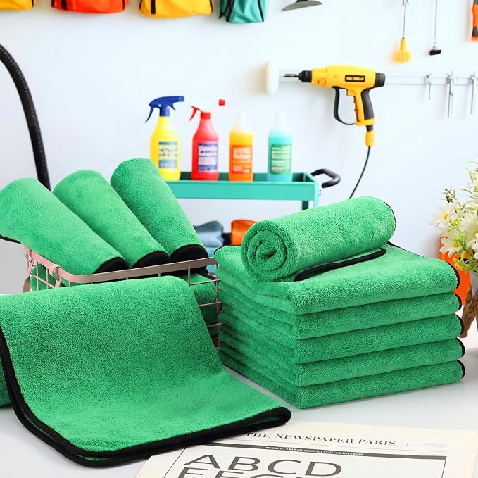 20 Pcs Microfiber Car Drying Towels Microfiber Cleaning Cloth 800 GSM Thick Plush Cleaning Dusting Cloth Auto Detailing Absorbent Towels Rags for Car Household Kitchen Window(Grey and Green)