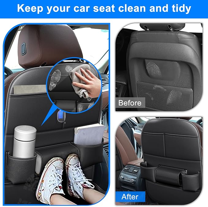 Back Seat Protector 2 Pack Fit for Honda Pilot Car Kick Mats with Cup & Tissue Storage Organizer Pockets Waterproof Dirt Proof Faux Leather Auto Accessories for Kids(1 Pair Black)