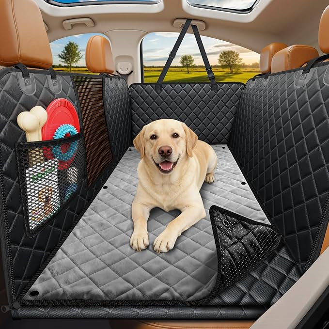 Dogs Back Seat Extender with Non-Slip Blanket, 2 in 1 Hard Bottom Dog Car Seat Cover & Removable Dog Car Bed Mat, Waterproof Dogs Hammock for Car and SUV, Pet Rear Seat Protector Holds 400lbs