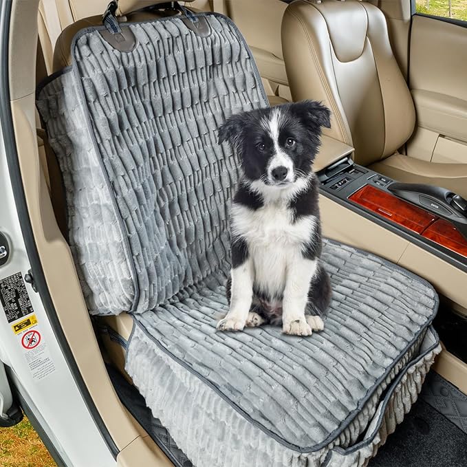 Dog Car Seat Cover for Front Seat, Soft Plush Waterproof Pet Protector with Non-Slip Bottom, Full Coverage with Side Flaps, Against Hair, Dirt and Scratches for SUVs and Trucks (Grey, Front)