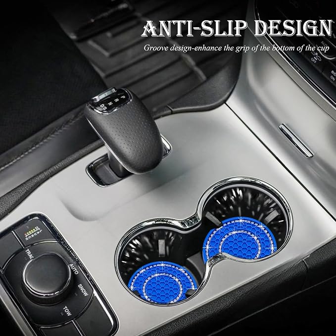 2PCS Bling Crystal Rhinestone Cup Holder Coaster, 2.75 inch Soft Silicone Anti-Slip Shockproof, Car Cup Holder Insert Coasters, Universal Car Interior Accessories for Women (Deep Blue & White)