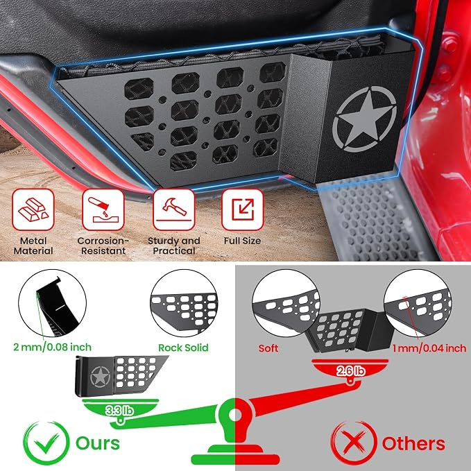 Metal Rear Door Pocket Storage Box for Jeep Wrangler JL JLU 4XE 2018-2026 & Gladiator JT 2020-2023 2023 2024 2025 2026 Accessories Door Storage Organizer Molle Panels, Star, 2PCS