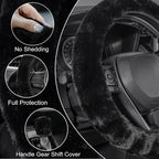 Furry Car Steering Wheel Cover with Fluffy Gear Shift Cover Soft Warm Non-Slip Car Decoration for Men Women Girls 2 PCS Set, Black