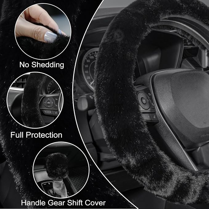 Furry Car Steering Wheel Cover with Fluffy Gear Shift Cover Soft Warm Non-Slip Car Decoration for Men Women Girls 2 PCS Set, Black