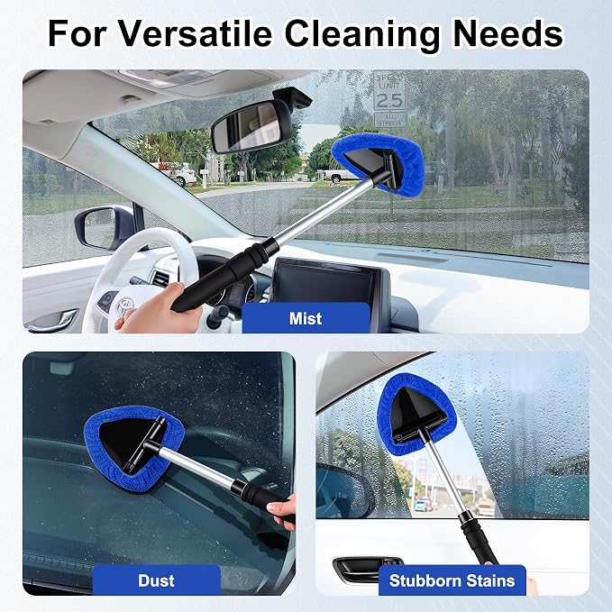 Windshield Cleaner Tool, Car Interior and Exterior Window Cleaning Kit with Extendable Handle & 4 Reusable Microfiber Pads, Auto Glass Wiper Brush Kit for Car & Home Windows (Blue)