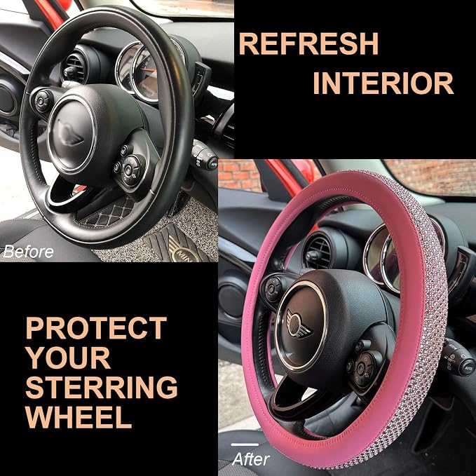 Large Size Bling Comfy Steering Wheel Cover with Jumbo Crystal Rhinestones, Anti-Slip Diamond Leather, 15.5-15.75 Inch (All Pink)