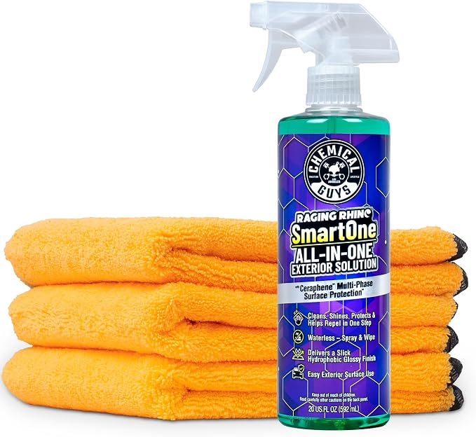Raging Rhino Waterless Car Wash, Quick Detailer Spray and Wipe Exterior Cleaner With 3 Premium Microfiber Towels, 20 Fl Oz
