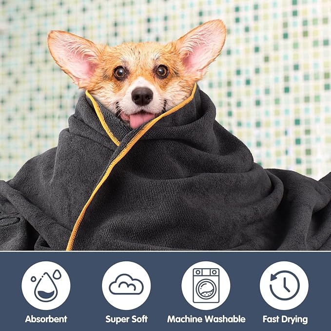Super Absorbent Microfiber Bath Towel for Dogs and Cats - 30 x 50 Inch, Dark-Gray, Suitable for Small, Medium, Large Pets