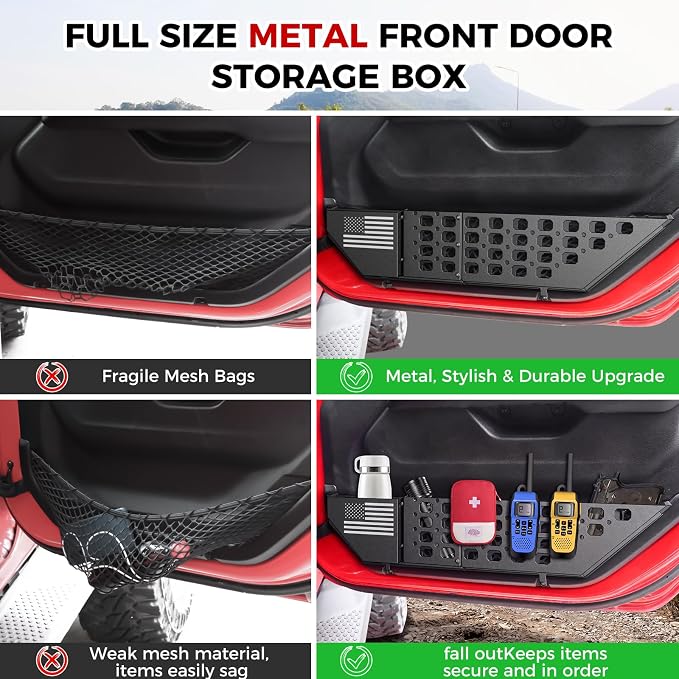 Metal Front Door Pocket Storage Box for Jeep Wrangler JL JLU 4XE 2018-2026 & Gladiator JT 2020-2025 2026 Accessories Adjustable Door Storage Organizer Molle Panels (Not for Power Seats), 2PCS